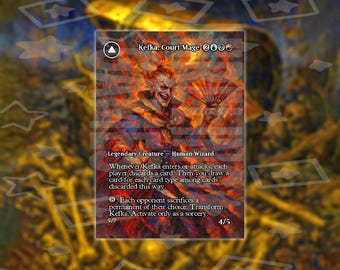 May include: A Magic: The Gathering card featuring Kefka, Court Mage. The card depicts a fiery-haired humanoid figure holding a fan, with text describing its abilities. The card has a 4/5 power and toughness rating.
