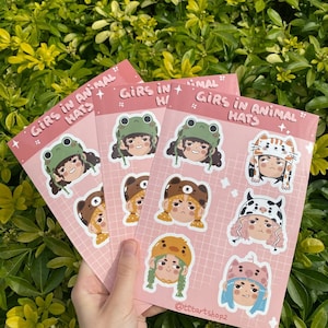 Nette Mädchen in den Tierhüten | Stickerbogen | Vinyl Wasserdichte Cartoon sterben Schnitt