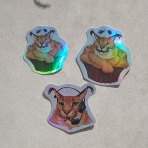 Adesivo olografico grande floppa, meme caracal, cupcake, servizio IT / set di 3 / disegnato a mano
