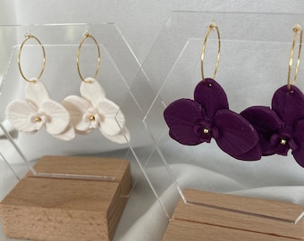 handmade ring white-purple orchid earrings / polymer clay orchid earrings / bridal jewelry /special day flower earrings