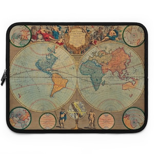 May include: A vintage world map laptop sleeve featuring a detailed illustration of the continents and surrounding seas. The map is surrounded by decorative elements, including a compass and figures.