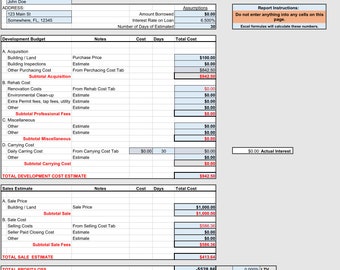 May include: A spreadsheet with a property development budget and deal calculator. The spreadsheet includes sections for acquisition, rehab costs, miscellaneous costs, carrying costs, sales estimate, total sale estimate, total profit/loss, and profit min. The spreadsheet includes a section for assumptions, including the amount borrowed, interest rate on loan, and number of days of estimated. The spreadsheet also includes a section for report instructions, which states that excel formulas will calculate the numbers.