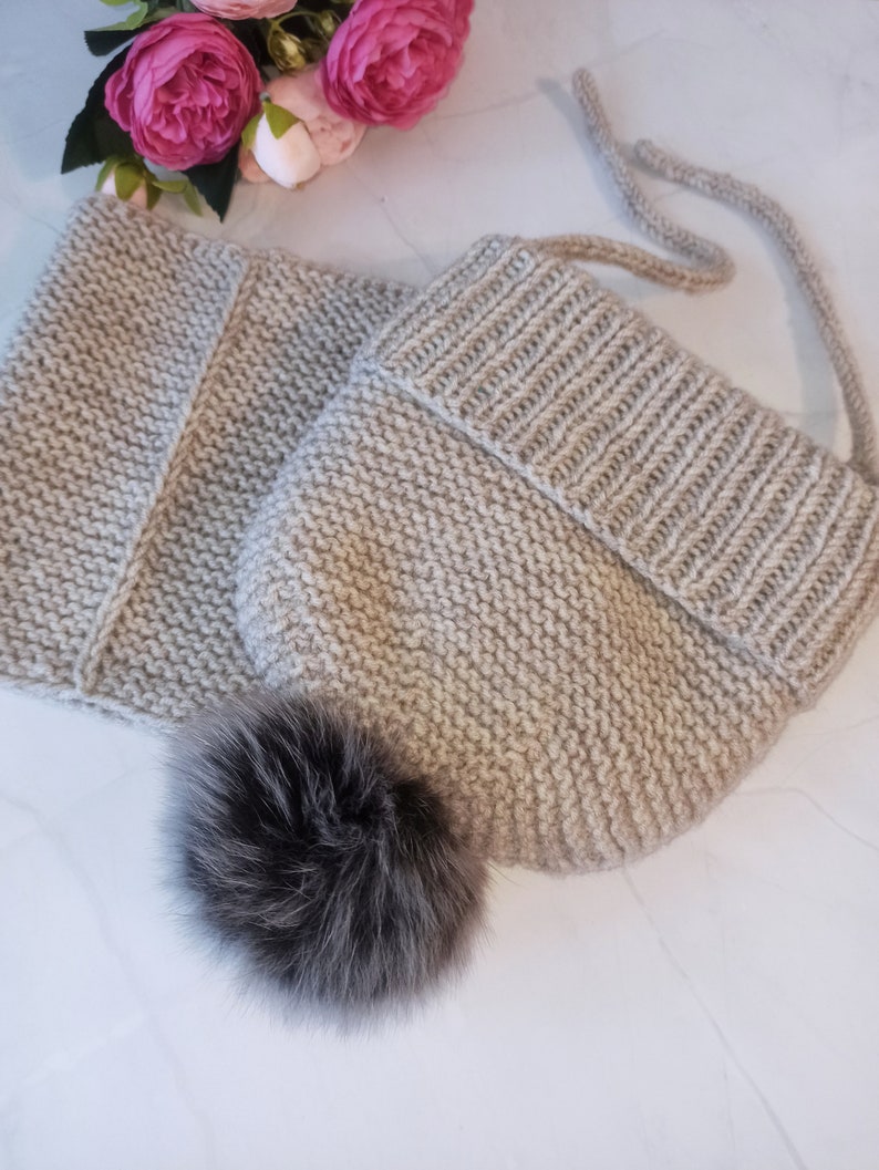 Wool Baby Hat, Unisex Hat and Cowl Set, Toddler Winter Beanie, Pom Pom Baby Hat, Handknit Beanie