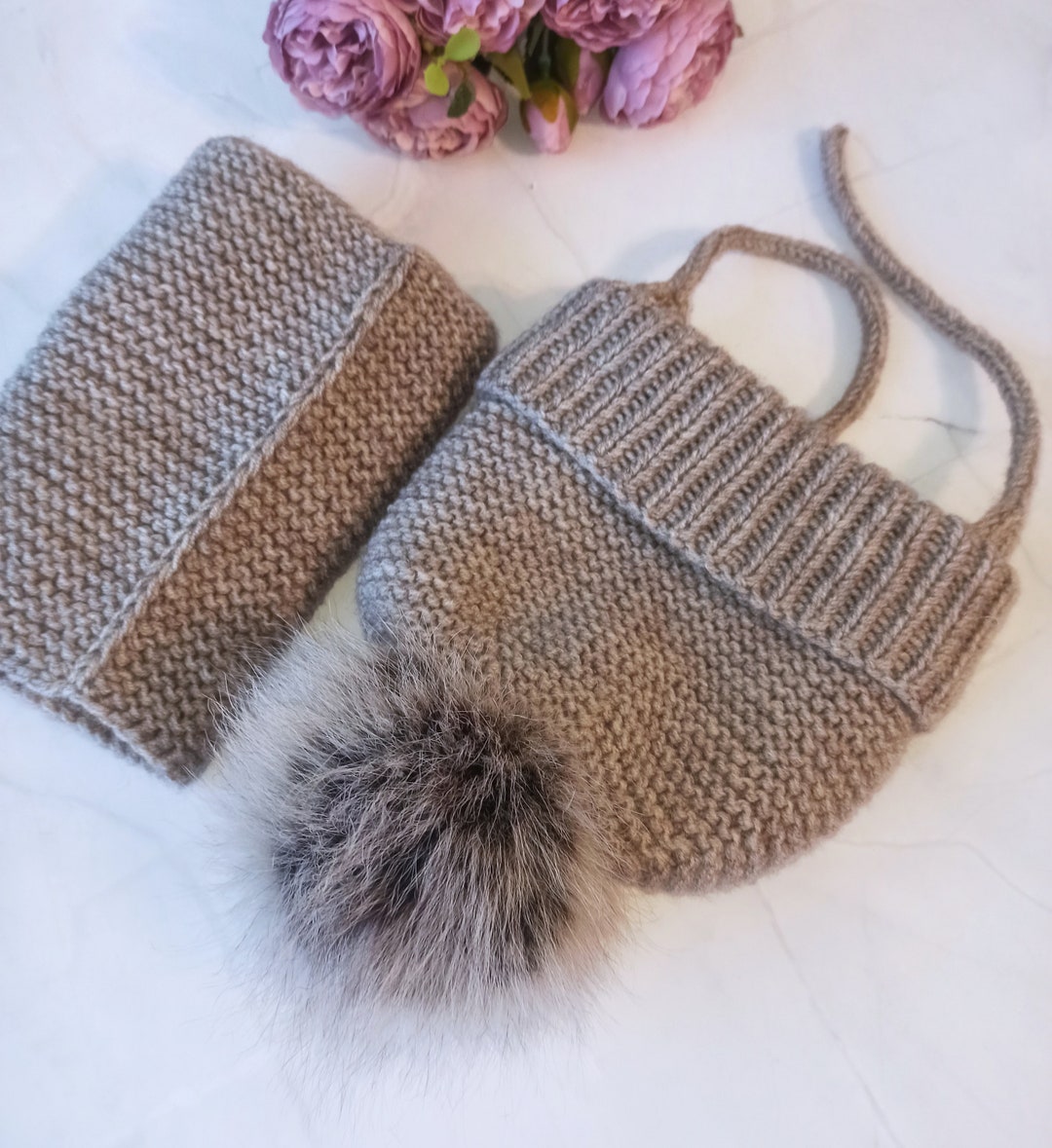 Wool Baby Hat, Warm Hat and Cowl Set, Toddler Winter Beanie, Pom Pom Baby Hat, Girl's Handmade