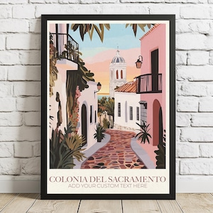 Impression personnalisée de Colonia del Sacramento avec des rues pavées et un charme au bord de la rivière, art mural uruguayen personnalisé disponible en plusieurs langues.