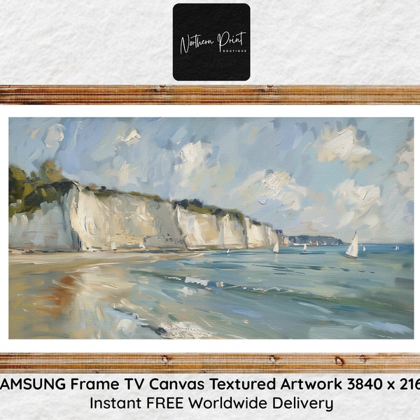 Coastal White Cliffs Frame TV Art | Neutral Seascape Art | Beach Scenery TV Art | Vintage Style Summer Screensaver | Sailboat TV Art