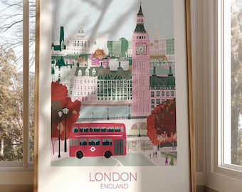 Personalized London Art Print: Big Ben & Red Bus Travel Poster
