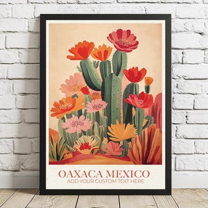 Personalisierter Oaxaca Kaktus Reisedruck mit papel peyote & Märkten. Kundenspezifische mexikanische Wandkunst, verfügbar in mehreren Sprachen.