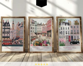 Set di stampe artistiche di Londra: Covent Garden, Carnaby Street, Notting Hill (download digitale)