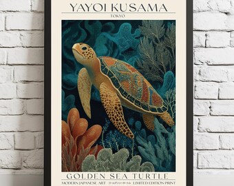 Golden Sea Turtle Art Print | Modern Japanese Ocean Design Inspired by Yayoi Kusama