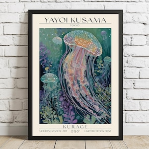 May include: A framed art print with a watercolour illustration of jellyfish in an aquatic scene. The print includes the text "YAYOI KUSAMA TOKYO" and "KURAGE MODERN JAPANESE ART". The jellyfish are in shades of pink, orange, and blue.