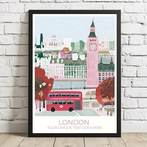 Impression personnalisée d'affiche de citation de voyage de Londres | Art de Big Ben et de l'autobus rouge | des chambres du Parlement | Cadeau de voyage personnalisé pour les amoureux de Londres