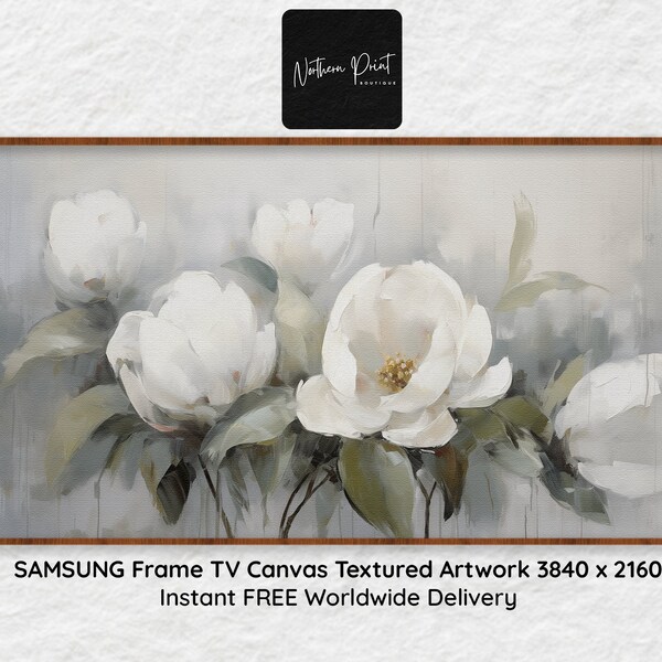 Frame TV Art | Asian White Camellia Flowers  | Vintage Style | Spring Art | Floral Screensaver | Rustic Farmhouse Decor | Modern Neutral