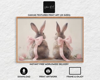 PRINTABLE Easter Bunnies with Pink Bows | Download Art| Vintage Style Prints | Wall Art | Neutral Print Rustic | Baby Nursery Art Canvas