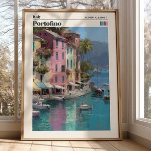 Póster de viaje en tonos pastel de Portofino, Italia – Impresión de archivo con coordenadas del mapa