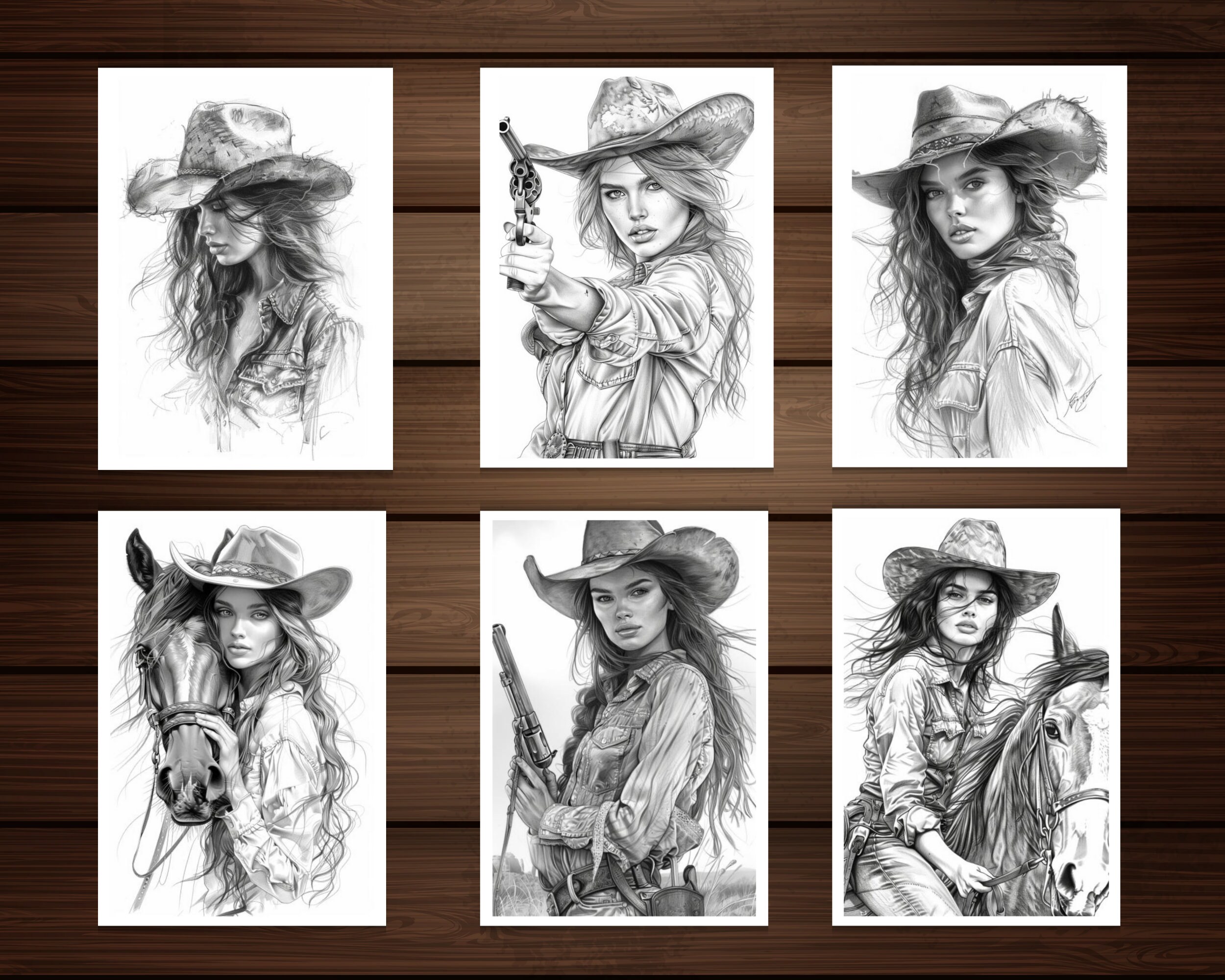 45 Western Girl Coloring Book, Printable Beautiful Cowgirl Pages, Fantasty Grayscale Coloring ...