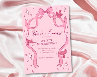 Invitation de nœuds de coquette dessinés à la main rose | Modèle modifiable | Invitation d'anniversaire | Invitation à la douche nuptiale | Invitation à une fête | Invitation imprimable