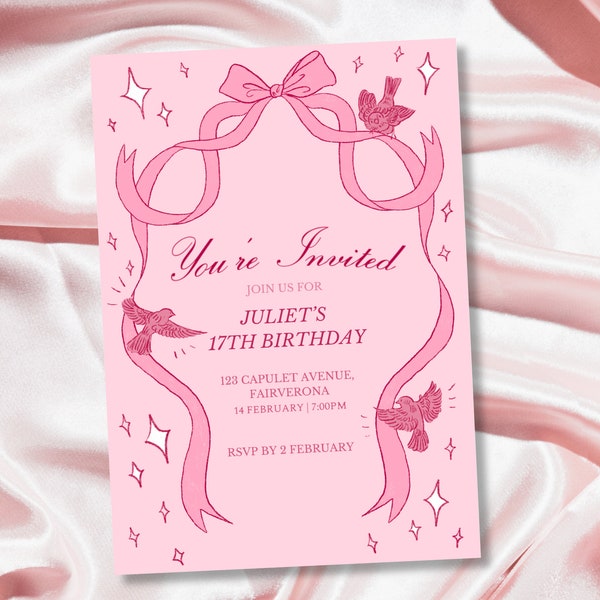 Pink Hand Drawn Coquette Bows Invite | Editable Template | Birthday Invite | Bridal Shower Invite | Party Invite | Printable Invite