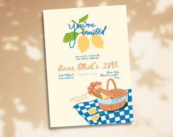 Invitation fête dessinée à la main | pique-nique esthétique au citron | Modèle modifiable | Modèle pour fête et anniversaire | Modèle de mariée