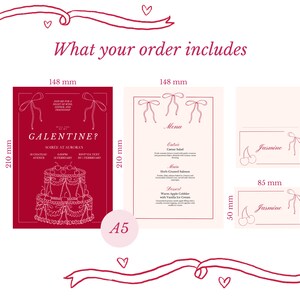 Peut inclure: Un ensemble de cartes imprimables pour une f&ecirc;te de la Saint-Valentin. L'ensemble comprend une carte d'invitation rouge avec une illustration de g&acirc;teau, une carte de menu et deux cartes de place avec le nom "Jasmine". Les cartes sont d&eacute;cor&eacute;es de c&oelig;urs et de rubans.