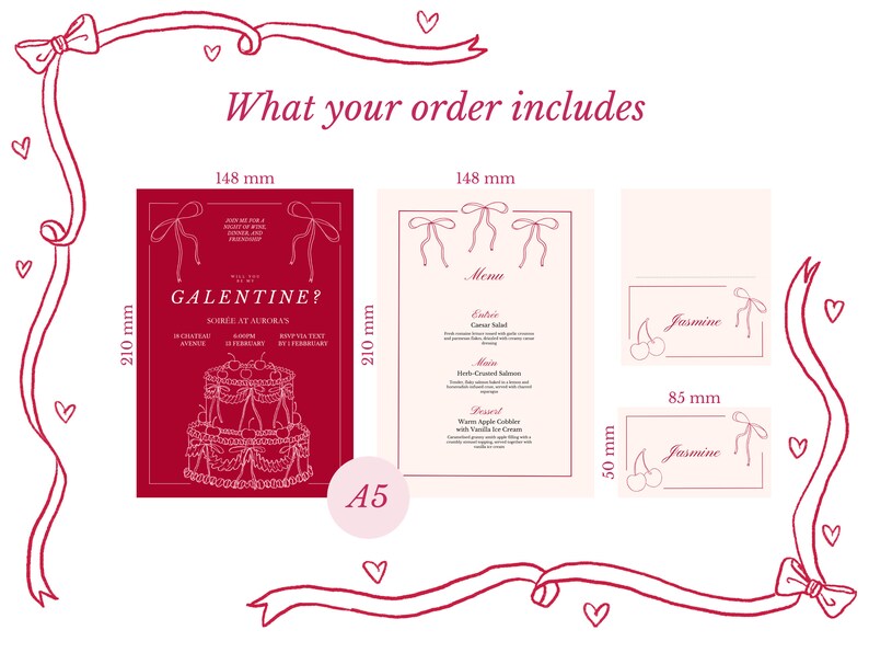Peut inclure: Un ensemble de cartes imprimables pour une f&ecirc;te de la Saint-Valentin. L'ensemble comprend une carte d'invitation rouge avec une illustration de g&acirc;teau, une carte de menu et deux cartes de place avec le nom "Jasmine". Les cartes sont d&eacute;cor&eacute;es de c&oelig;urs et de rubans.