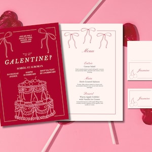 Galentine's Day Hand gezeichnet Coquette Einladung Vorlage set | Bearbeitbare Vorlage | Menüvorlage | Geburtstag einladen | Party einladen