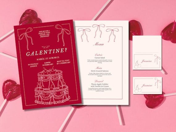 Galentine's Day Hand Drawn Coquette Invitation Template set | Editable Template | Menu Template | Birthday Invite | Party Invite