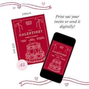 Peut inclure: Une carte d'invitation rouge avec du texte blanc et un dessin au trait d'un g&acirc;teau. Le texte indique "Galentine? Soir&eacute;e chez Aurora's 18h00 15 f&eacute;vrier RSVP par SMS avant le 15 f&eacute;vrier". La carte mesure 210 mm par 148 mm.