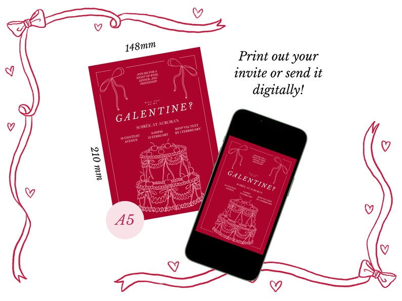 Peut inclure: Une carte d'invitation rouge avec du texte blanc et un dessin au trait d'un g&acirc;teau. Le texte indique "Galentine? Soir&eacute;e chez Aurora's 18h00 15 f&eacute;vrier RSVP par SMS avant le 15 f&eacute;vrier". La carte mesure 210 mm par 148 mm.
