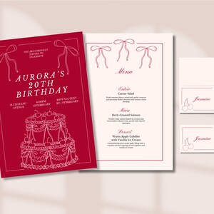 Hand gezeichnetes Kokette Einladungs-Schablonenset | Bearbeitbare Vorlage | Menüvorlage | Geburtstag einladen | Party einladen