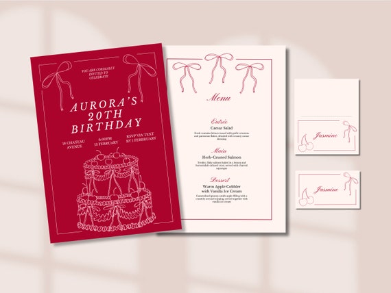 Hand Drawn Coquette Invitation Template set | Editable Template | Menu Template | Birthday Invite | Party Invite