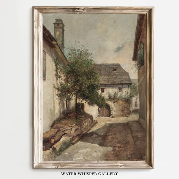 Vintage Print, Courtyard Painting, European Street Scene, Rustic European Village Urban Landscapes, Antique Cottage Decor, Digital PRINTABLE