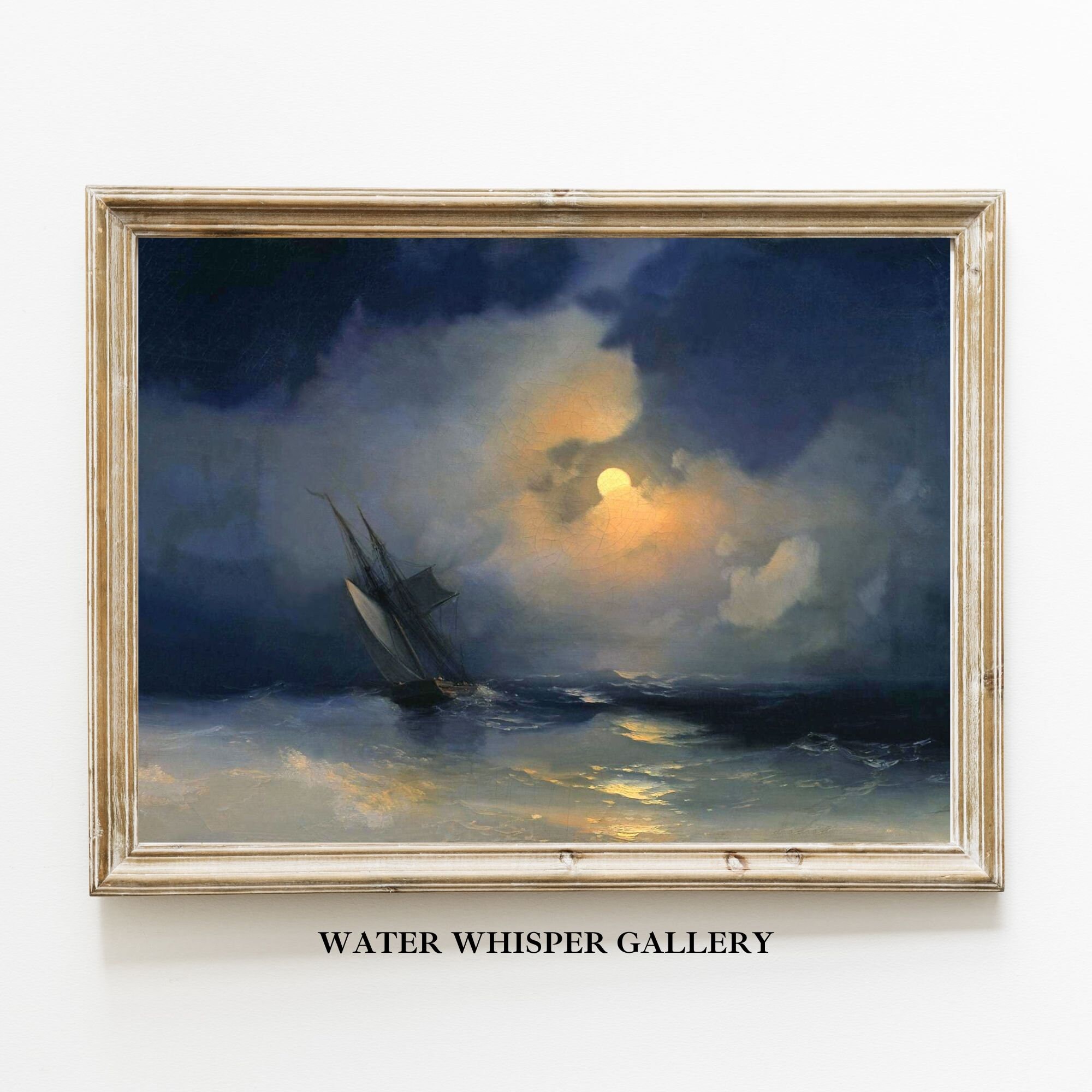 その他 re Vintage Stormy Seascape Art Print | Dark Blue Coastal Decor