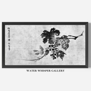 May include: Black and white ink painting of a grapevine with leaves and grapes. The painting is framed in a black frame and has the text "Water Whisper Gallery" below the image.