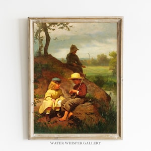 Vintage Children Wall Art, Kids Art prints Farmhouse Landscape Vintage Painting Printable Digital Download for Home Decor Fishing Wall Art