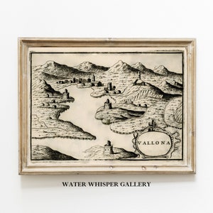 Desenho de mapa histórico vintage da Albânia do porto de Vlora, ilustração de mapa antigo de Valona, impressão de esboço de mapa antigo, impressão digital
