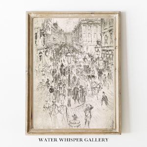 Puede incluir: Un dibujo en blanco y negro de una escena de calle concurrida en Londres, Inglaterra. El dibujo representa una calle abarrotada de gente, carruajes tirados por caballos y edificios. El dibujo está enmarcado en un marco de madera claro.