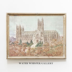 Vintage Washington Cathedral Wall Art, Historic Church Watercolor Painting, Religious Antique Architecture, Digital Printable Art