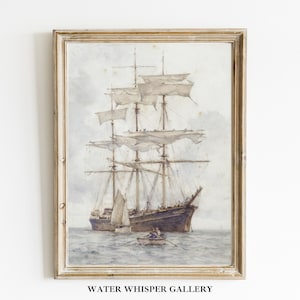Vintage Sailing Ships, Maritime Boat Print, Nautical Scene Décor, Coastal Landscape Wall Art.