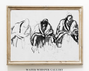 Vintage figuur Sketch Art Print, zwart-wittekening (digitale afdrukbare)