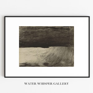 May include: A black and white abstract art print with a dark gray top section and a lighter gray bottom section. The print is framed in a black frame.