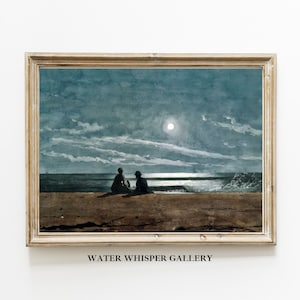 Vintage Moonlight Printable Beach Coastal Landscape Artwork, Night Sea Landscape Ocean Painting Vintage, Digital Download.