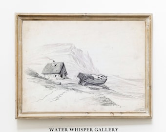 Vintage Seascape Drawing, Antique Boat, Coastal Wall Art (Digital Download)