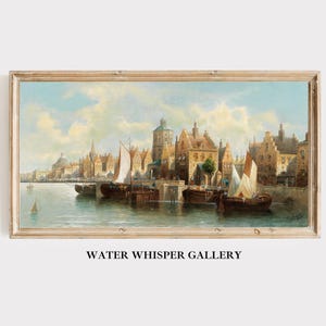 Amsterdam Landscape with Boats, Dutch Architecture, Printable Vintage European Art, Antique Oil Painting of Amsterdam Canal