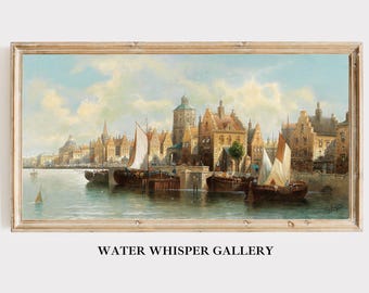 Vintagetryck av Amsterdamkanalen, holländsk arkitektur, antik oljemålning (digital nedladdning)