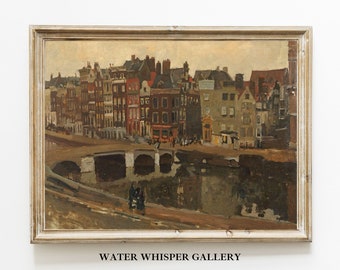 Vintagetryck av Amsterdamfloden, stadslandskapsmålning (digital nedladdning)