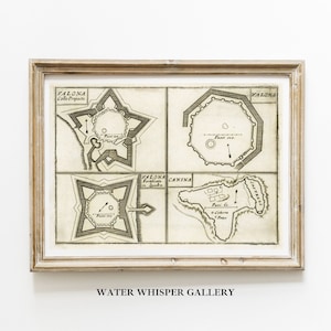 May include: A vintage black and white map of Valona, Albania, showing the fortifications of the city. The map is divided into four sections, each showing a different view of the city. The map is framed in a light wood frame.
