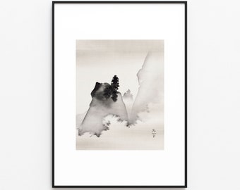 Puede incluir: Una pintura de tinta negra y blanca de una cordillera con algunos árboles en primer plano. La pintura está sobre un fondo beige y tiene un marco negro. El texto "Water Whisper Gallery" está debajo del marco.