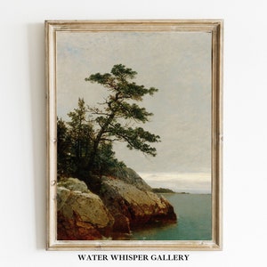 Vintage Pine Tree on a Rocky Shore Seascape, Vintage Coastal Wall Art, Island Painting, Beach House Decor DIGITAL DOWNLOAD PRINTABLE