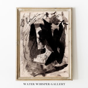 Vintage Abstract Art Print, Black Ink Drawing, Charcoal Sketch, Expressionist Modern Painting, Minimalist Wall Decor, Printable Antique Art